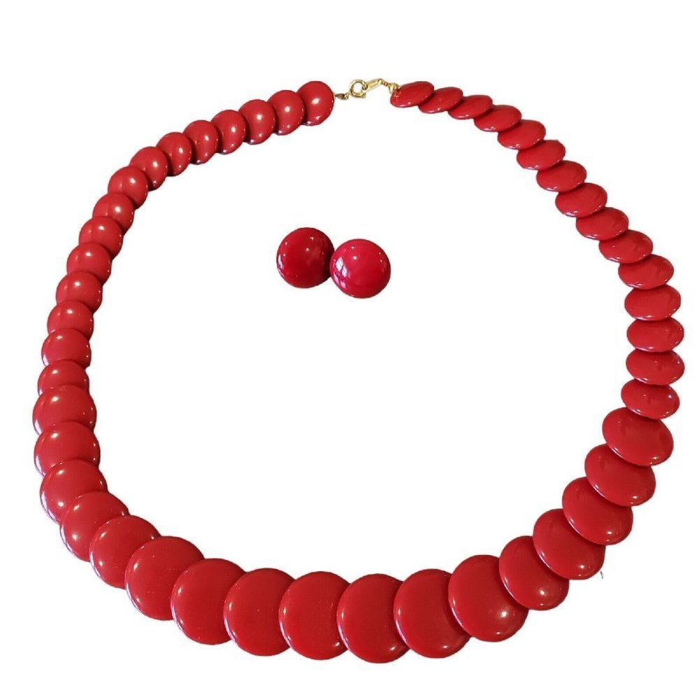 Vintage Crown Trifari Red Lucite Disc Necklace Earring‎ Set Plastic 30" 1950s